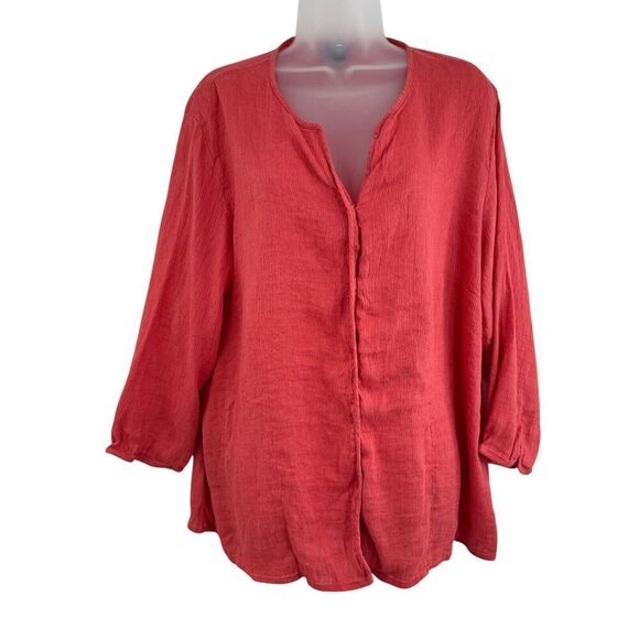 Eileen Fisher System Size 2X Collarless Button Shirt Coral Red Boxy Linen Cotton - Picture 1 of 11